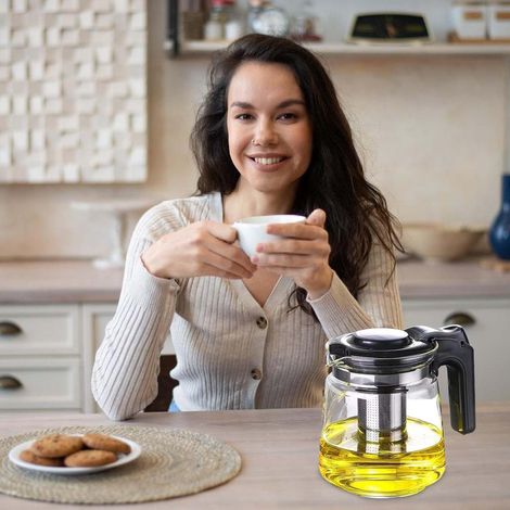 Teiera in vetro di alta qualità, resistente al calore, con filtro, capacità 1,5 L, con coperchio filtrante a maglia fine. (1/4)