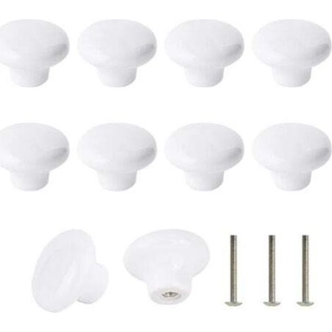 Set of 10 White Ceramic Knobs, Ceramic Door Handles, Retro Round Ceramic Cabinet Drawer Kitchen Pull Handles 32mm with 3 Screw Sizes