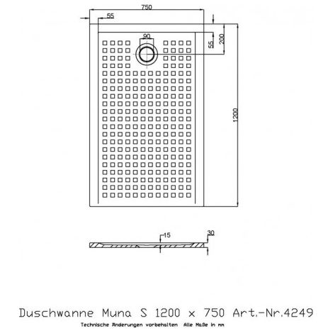 Receveur de douche MUNA S avec antidérapant 1200x750x30mm blanc