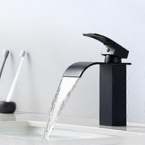 Grifo de baño moderno tipo cascada en negro mate, mezclador de latón con cartucho cerámico. (1/5)