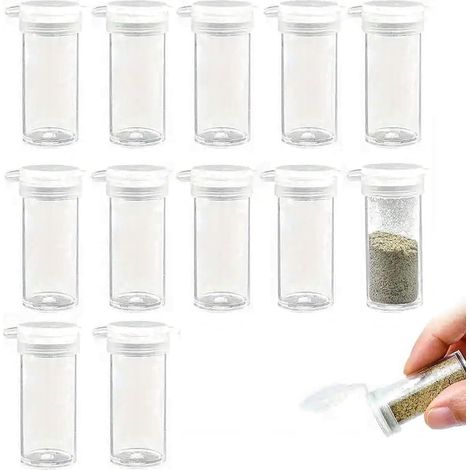 Salzstreuer – 12 Stück – Kunststoff – Tragbarer Gewürzspender – Ideal für Camping und Picknick – 4,3 x 1,7 cm (1/5)