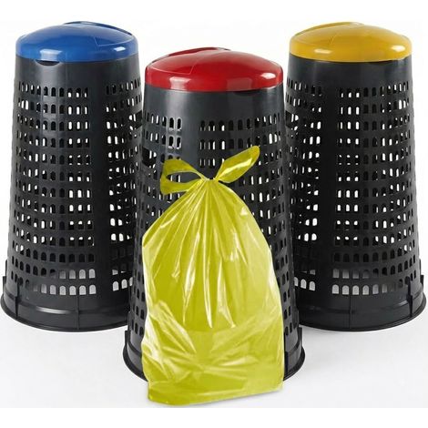 Set 3 Trespoli Bidone colorati+ 20 Sacchi Spazzatura Omaggio da Esterno 100 LT con Coperchio ROSSO GIALLO E BLU Anello Fermasacco contenitore cestino in Plastica Traforata Anti Odore DIFFERENZIATA (1/5)