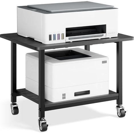 Support d'imprimante avec roues verrouillables, chariot d'imprimante à roulettes à 2 niveaux avec étagère de rangement, table d'imprimante compacte en bois et métal pour bureau à domicile (1/5)