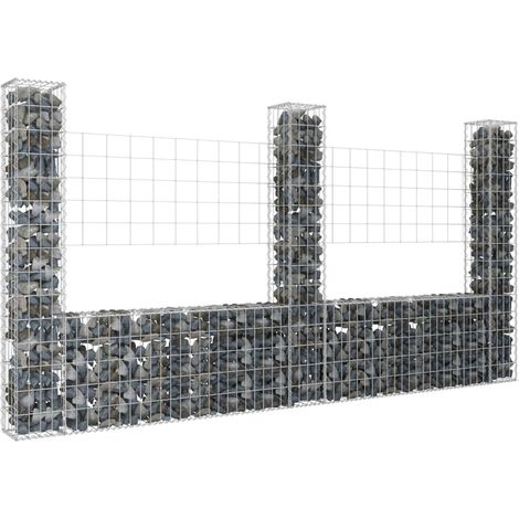 Panier de gabion Clôture de jardin Mur en Gabion Cage à Pierres de Jardin décoratif en forme de U avec 3 poteaux Fer 260x20x150 cm DBEB9960269 (1/5)