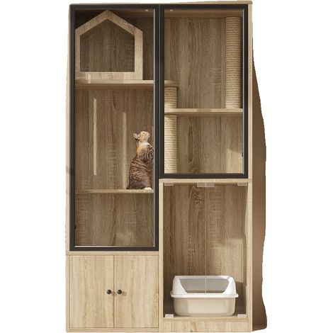 Armario para gatos con bandeja de arena extraíble, control de olores, fácil mantenimiento, Natural + MDF + Cristal (1/2)
