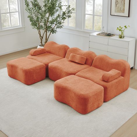 Ecksofa modular Samt Orange, rahmenlos, U-Form mit 2 Hockern, tiefer Sitzfläche und Wellenform