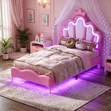 JOOKGBD-Letto per Bambino 90x190 cm,Letto Imbottito,Letto a Forma di Corona,Letto di Principessa,Illuminazione LED in Testiera e Sotto il Letto,Rete a Doghe,PU,Rosa