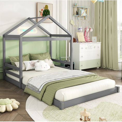Hausbett Kiefernholz grau 140x200 cm, Kinderbett in Hausform inklusive Lattenrost (1/5)