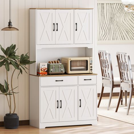 Garde-manger de cuisine blanc avec 6 portes Comptoir micro-ondes 2 tiroirs Étagères réglables Trou de câble