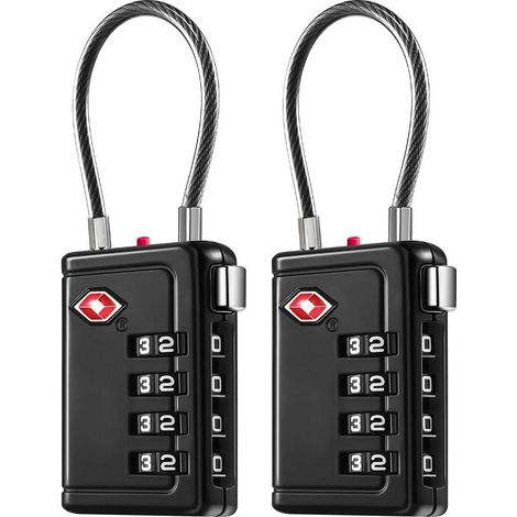 TSA Kofferschloss 4-stellig mit flexiblem Kabel, 2 Stück, Schwarz