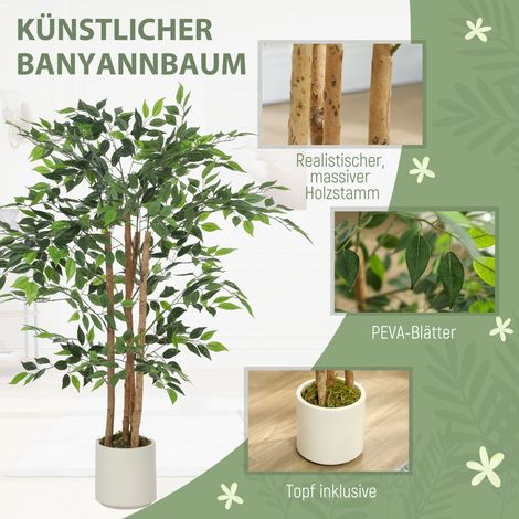 Arbre Banyan artificiel, plante en pot avec tronc en bois massif, vert, 55x55x120 cm, idéal salon chambre bureau. (1/5)