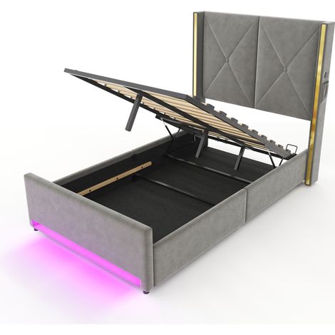Letto contenitore 90 x 200 cm in velluto grigio scuro con testiera imbottita, USB, Type-C, LED (1/5)