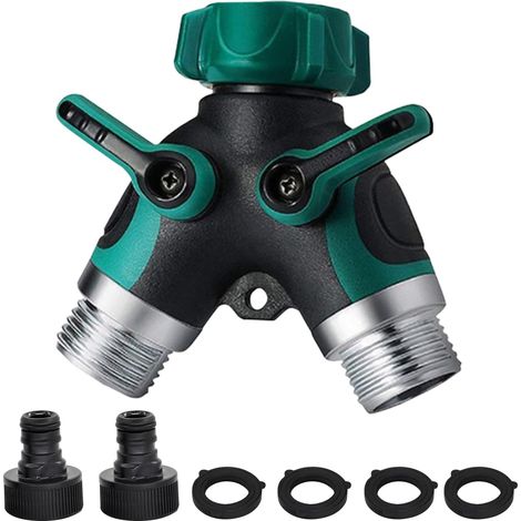 Robinet de jardin à deux voies - Distributeur de tuyau avec deux vannes séparées, connecteur 3/4 po, débit réglable, adaptateur d'arrosage extérieur (1/5)