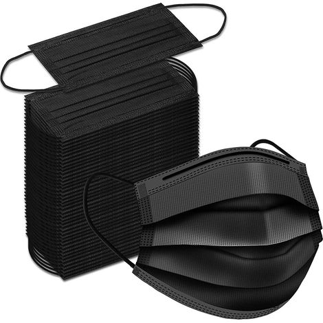 Masques faciaux jetables noirs, paquet de 100, masques faciaux noirs avec protection filtrante à 3 couches (1/3)