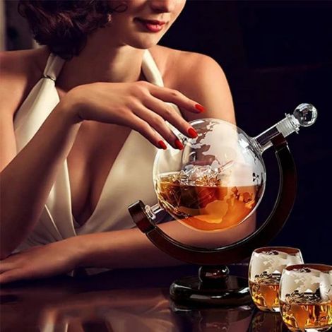 Carafe À Whisky - Globe En Verre Borosilicaté 850 Ml Avec Bouchon Hermétique - Support En Bois Et 2 Verres Gravés 250 Ml - Lot De 1 (1/5)