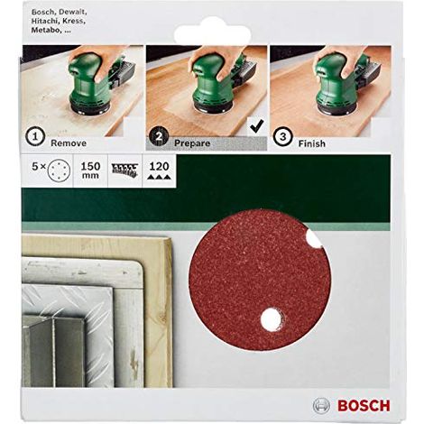 BOSCH - 5 FOGLI PER LEVIGATRICE ROTO-ORBITALE 150MM GRANA 120 8 FORI (1/4)