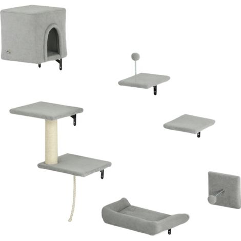 6-Piece Cat Wall Shelves Set with Condo, Platforms, Scratching Post, Bed, Toy Ball in Grey - Perfect Cat Furniture Solution (1/5)
