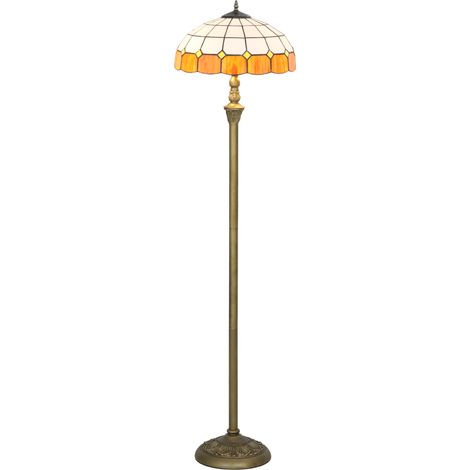 Tiffany-Style Floor Lamp with Handcrafted Stained Glass Shade, 152cm Tall Vintage Standing Lamp with Foot Switch and Dual Sockets for Living Room Bedroom, Bronze Tone and Orange (1/5)