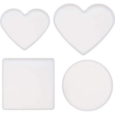 4pcs Moules en Résine de Silicone pour sous-Verres Cadres Photo Moulage Artisanat Décoration Outils de Bricolage, Carré Rond Grand Petit Coeur en Forme de Coeur (1/5)