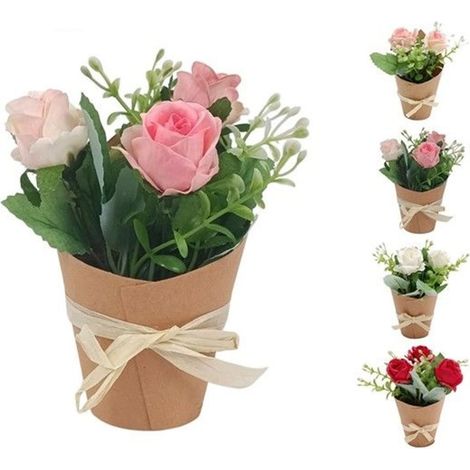 TRADE SHOP - Set 12 Pz Bouquet Di Fiori Finti Piantina Rose In 4 Colori Con Cartoncino Fiocco 656891 - (1/3)