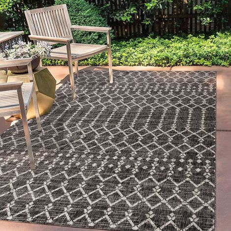 Tapis Tissu texturé géométrique marocain Intérieur/Extérieur Noir/Gris 240 cm x 300 cm, bohème, Facile à Nettoyer, Salon, Cour, Anti-Peluche (1/5)