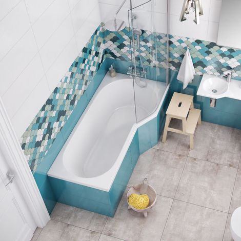 ECOLAM Badewanne Duschbadewanne Be Spot 160x80 cm rechts + Glasabtrennung Acrylwanne + Glas Badewannenabtrennung Top QUALITÄT Ablaufgarnitur Füße Set (1/5)