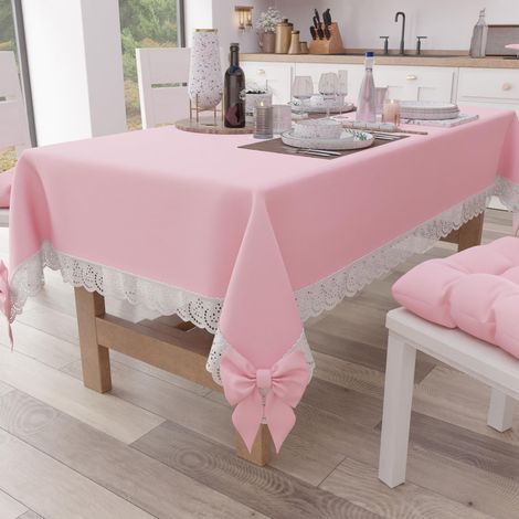 Nappe Rectangulaire Tissu avec Dentelle de Saint-Gall, Nappes de Table en Coton 12 Places, 140x240 cm, Rose, Accessoires De Cuisine (1/5)