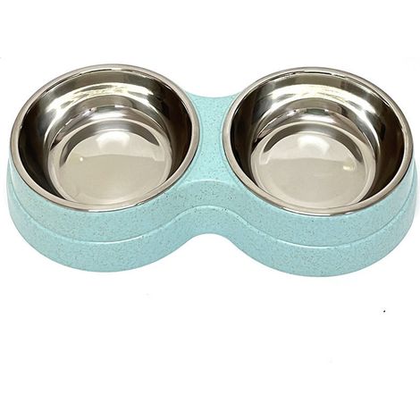 Gamelle double pour chat - Gamelle en acier inoxydable facile à nettoyer et amovible - Fond antidérapant pour chatons et chats de taille moyenne à grande - Bleue (1/5)