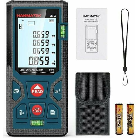 1 Télémètre laser 50m, écran LCD rétroéclairé, mesure surface volume, IP54, pour intérieur extérieur (1/5)