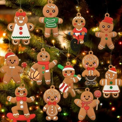12 décorations de sapin de Noël en forme de bonhomme en pain d'épice - Décorations bonhomme en pain d'épice - Pendentifs décoratifs pour sapin de Noël - Ensemble de décorations de Noël pour enfants - (1/5)