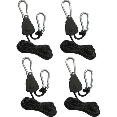 4x Cordes à Réglage par Cliquet avec Crochets, 2m, 1/8" (3mm), Système de Suspension Ajustable pour Lampes de Culture et Plantes