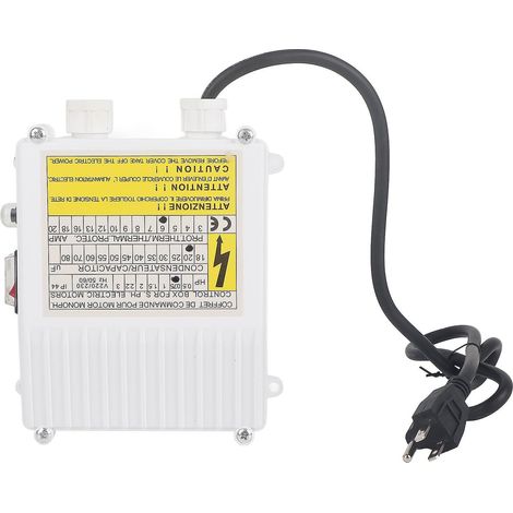 Boîtier de commande avec disjoncteur thermique intégré pour pompes d'aspiration domestiques submersibles de puits profonds, 0,55 kW (0,5 CV), condensateur 20 µF, 5 A, prise américaine. (1/4)