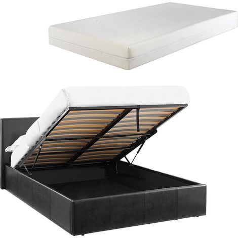 LUNA 4FT6 Double Black Ottoman Storage Bed with Gas Lift & 20cm Thick Memory Foam Mattress