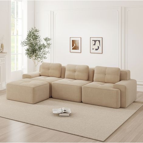 L-förmiges Modulsofa Beige Cord mit Ottoman, rahmenloses 3-Sitzer Cloud-Sofa (1/5)