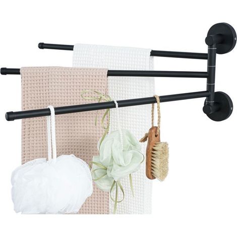 Porte Serviette Pivotant - Noir - Acier Inox - 3 Barres de 40CM - Rotatif 180° - Installation Adhésive/Perçage (1/5)