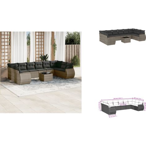 11-tlg. Garten-Sofagarnitur mit Kissen Grau Poly Rattan - Gartenmöbel Set - PE-Rattan Möbel - Outdoor Lounge - Esstisch Set - Gartenlounge (1/3)