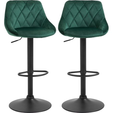 Ensemble de 2 tabourets hauts avec dossier et repose-pieds, tabourets de cuisine réglables en velours, base en métal, 46x48x83-104 cm, Vert (1/4)