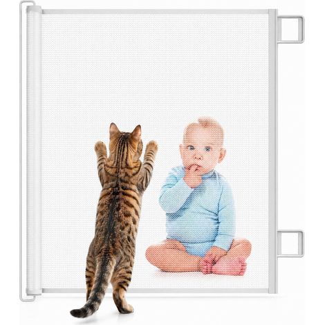 Barrière de Sécurité Chien et Enfant Rétractable Extensible (Blanc, 180cm) Sans Perçage, Pour Escaliers Portes Couloirs, Intérieur Extérieur, Hauteur Ajustable (1/5)