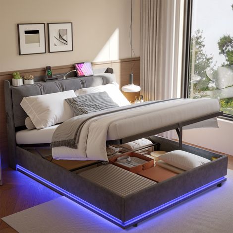 Lit coffre 140x190,lit 140x190,lit adult en velours gris avec LED multicolore, 2 ports USB, 1 port USB-C et poche latérale (1/5)
