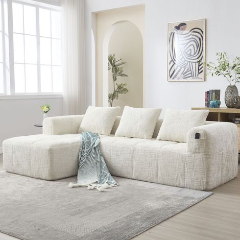 Divano componibile moderno, divano a L, divano a 3 posti, non richiede montaggio, divano in ciniglia con chaise longue e braccioli, 3 cuscini, tasca laterale per telecomando, beige