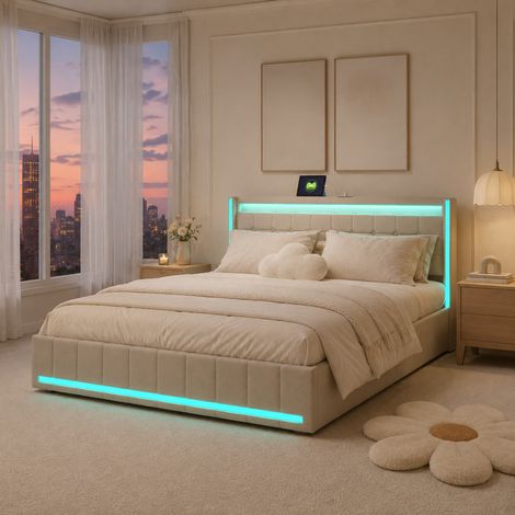 Lit coffre double adulte 140x190 cm avec rangement hydraulique, tête de lit coffre avec LED, ports de charge, revêtement en lin gris (1/5)