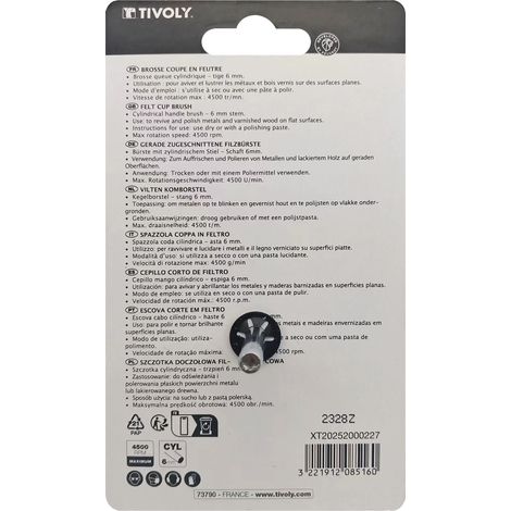 Tivoly • Spazzola a tazza in feltro • Ø75mm • Coda Ø6mm • Per pulire e lucidare multimateriali