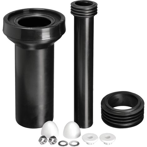 McAlpine FPKIT-3 WC Frame Connector Kit comprising WC Connector with 90mm plain end, 110mm outlet seal, flush pipe with finned seal connector and fixing bolts and caps.