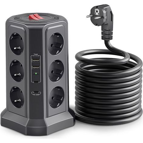 Multipresa con interruttore, modello a torre con 12 prese e 4 porte USB (2 USB-A e 2 USB-C), cavo da 1,5 m per uso domestico e in ufficio - nera (1/3)