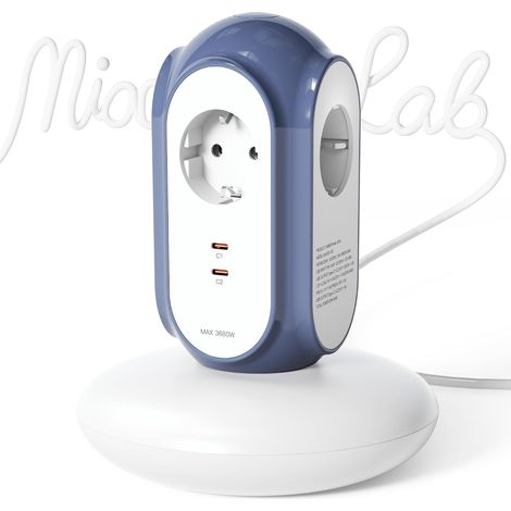 Multiprise Tour 3 Prises AC + 2 USB-C (30W), 3680W/16A, Protection 1420J, Base Anti-basculement, câble 2 m, Protection Contre Les surcharges, Compatible Type C/E/F (Bleu Méditerranéen) (1/5)