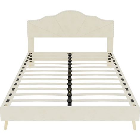 Letto imbottito beige 140x200 cm con testiera geometrica HOMVRA (1/5)