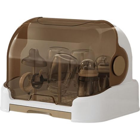 Aufbewahrungsbox für Babyflaschen, Babyflaschen-Trockenständer mit Deckel, Flaschenhalter, Flaschentrockenständer, Babyflaschen-Trockenständer, Aufbewahrungsbox für Kleinkinderflaschen, Weiß/Braun (1/5)