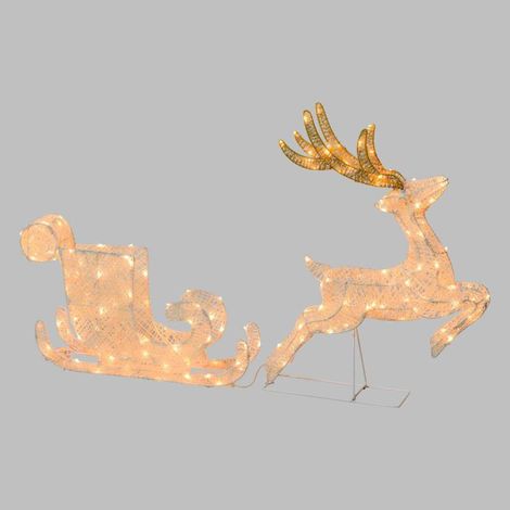 Renne de noël avec Traîneau 3D 60 cm 160 LED blanc chaud Cadre en métal peint Blanc (1/5)