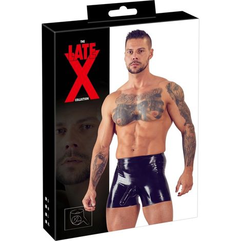 Late X - Pantalones cortos de látex negro con bolsillos para pene y testículos S (1/5)