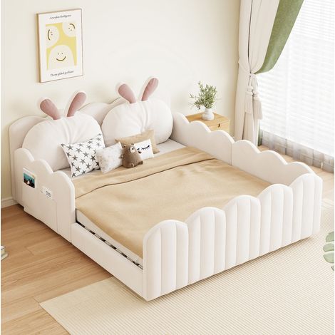 Cama infantil 140x200 cm de madera beige con barreras, sin colchón FloraGrace (1/5)
